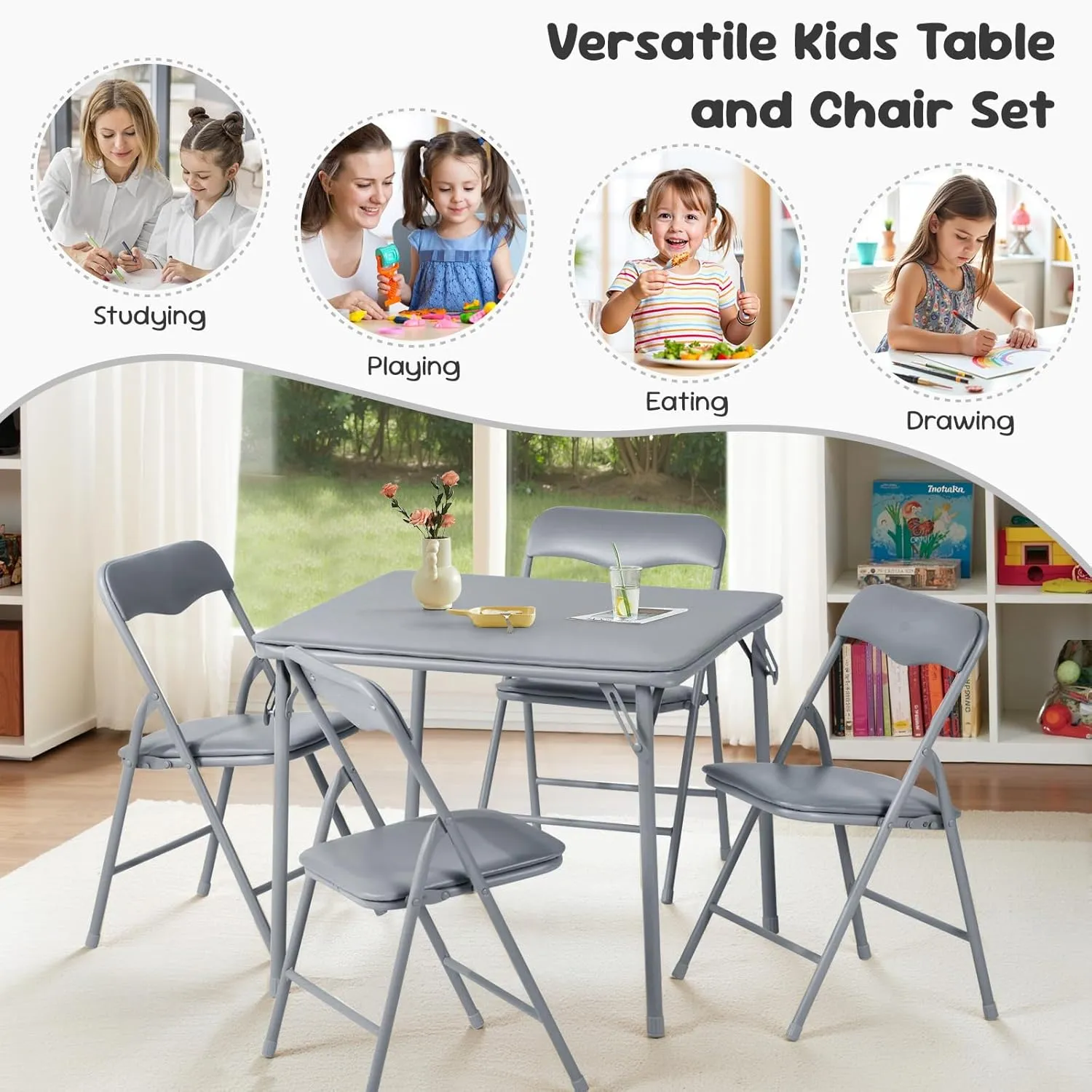 FurnitureR 5-Piece Folding Table and Chair Set, Compact Kids' Activity Table with PVC Padded Seats, Small Foldable Square Table and Chairs for Daycare, Classrooms, and Playrooms, Grey