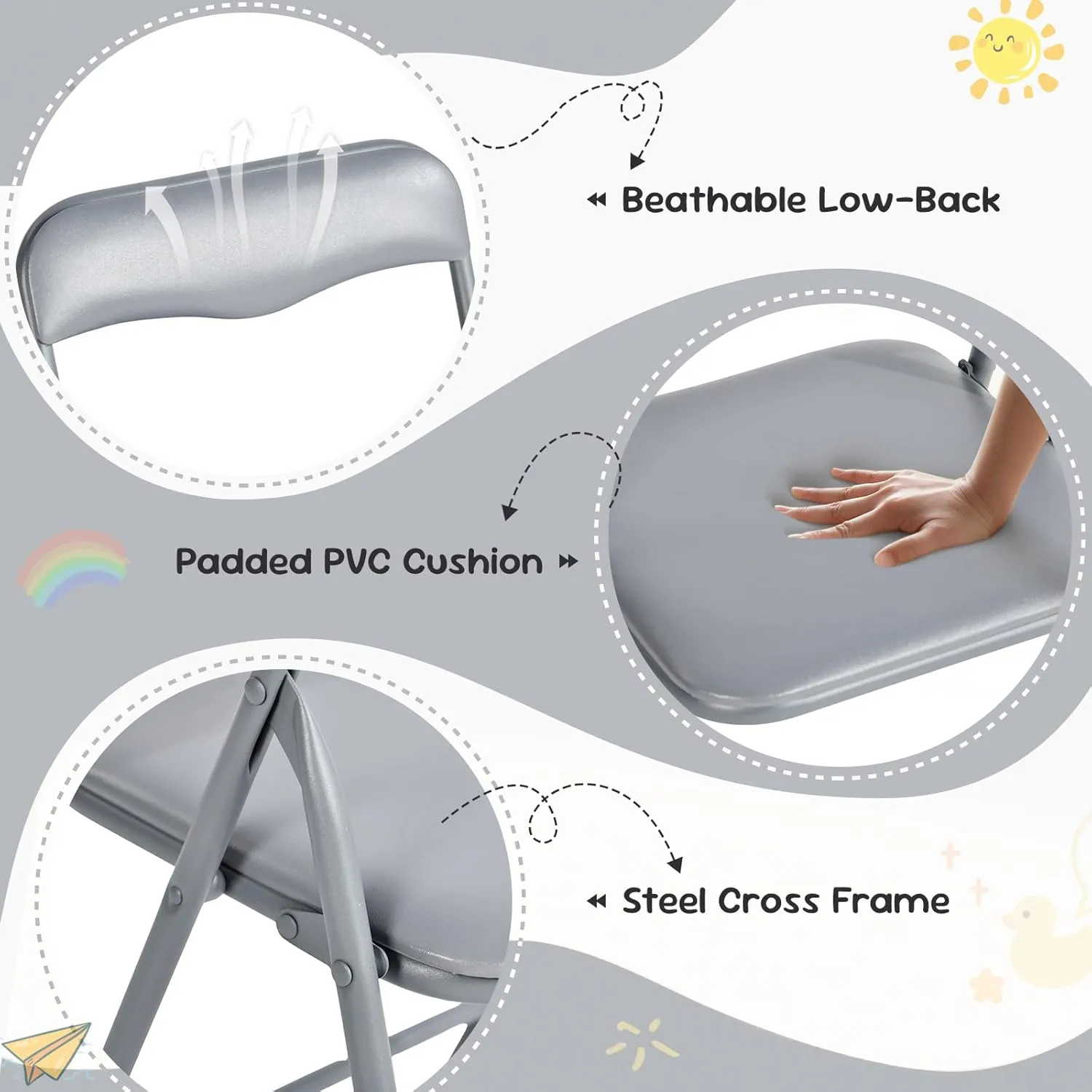 FurnitureR 5-Piece Folding Table and Chair Set, Compact Kids' Activity Table with PVC Padded Seats, Small Foldable Square Table and Chairs for Daycare, Classrooms, and Playrooms, Grey