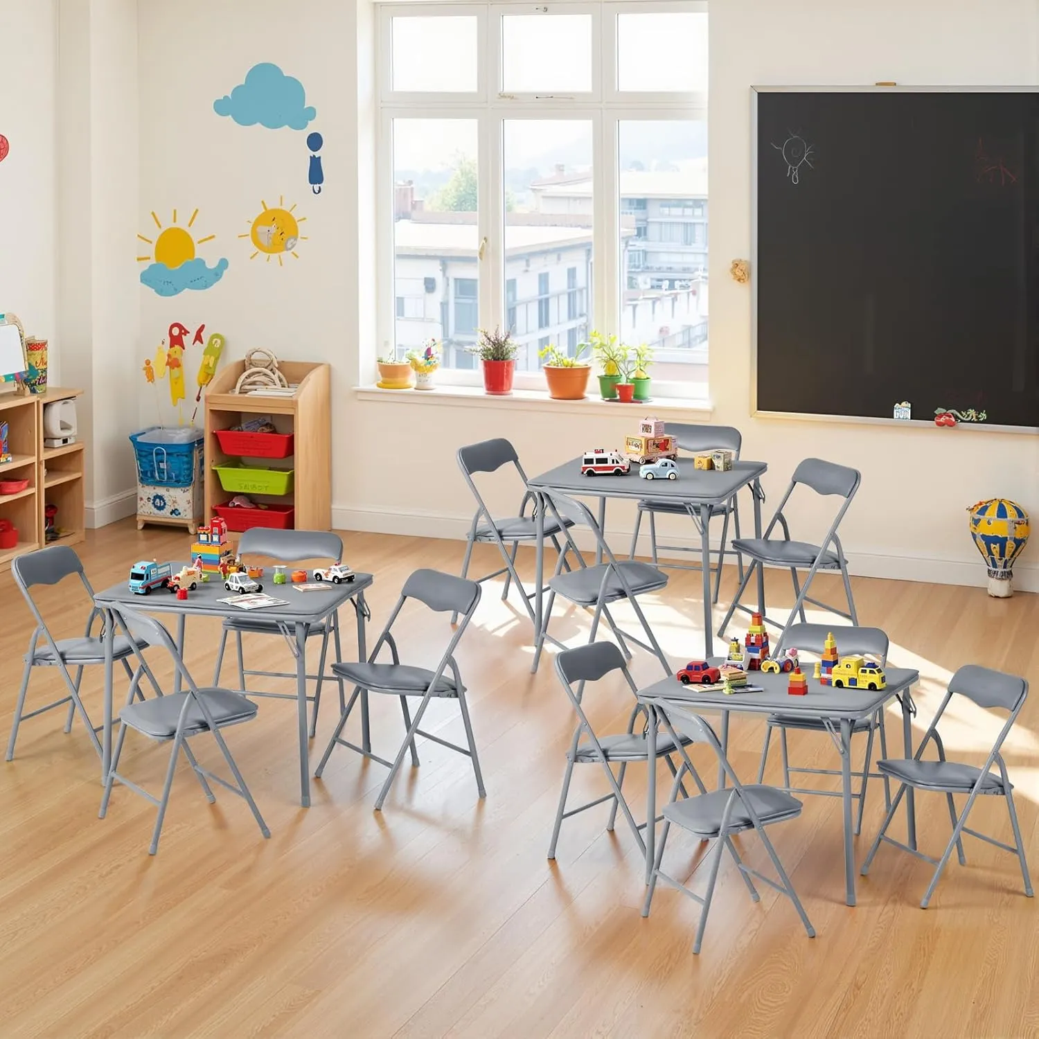 FurnitureR 5-Piece Folding Table and Chair Set, Compact Kids' Activity Table with PVC Padded Seats, Small Foldable Square Table and Chairs for Daycare, Classrooms, and Playrooms, Grey