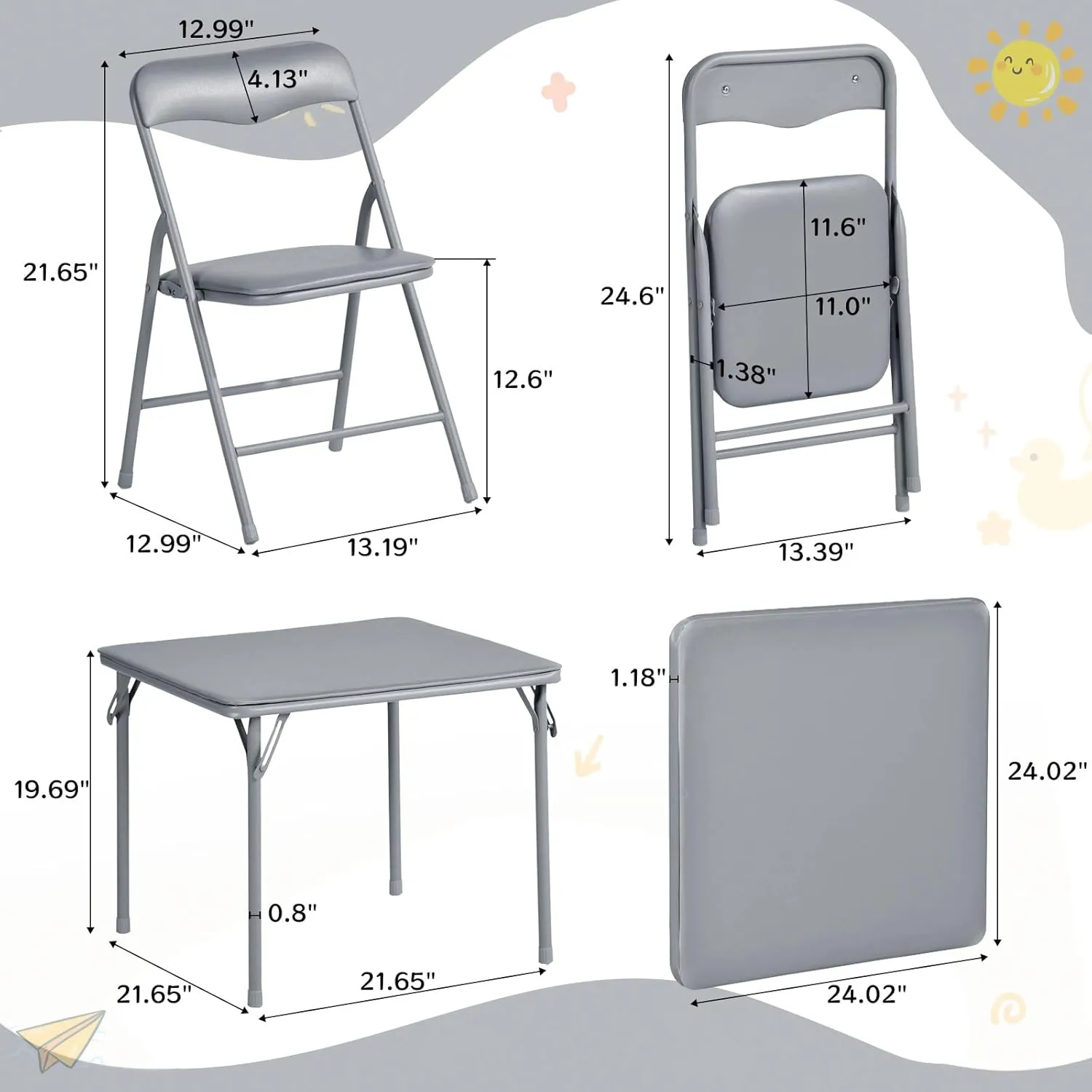 FurnitureR 5-Piece Folding Table and Chair Set, Compact Kids' Activity Table with PVC Padded Seats, Small Foldable Square Table and Chairs for Daycare, Classrooms, and Playrooms, Grey
