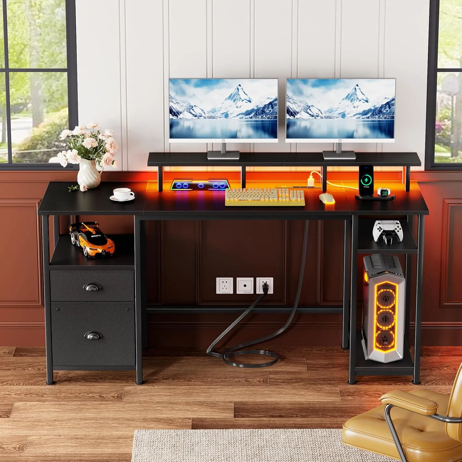 Furologee 61 inch Desk with Power Outlets, Gaming Desk with LED Lights, Computer Table with Fabric Drawer and File Cabinet, Home Office Table with Monitor Stand & Storage Sheves, Black