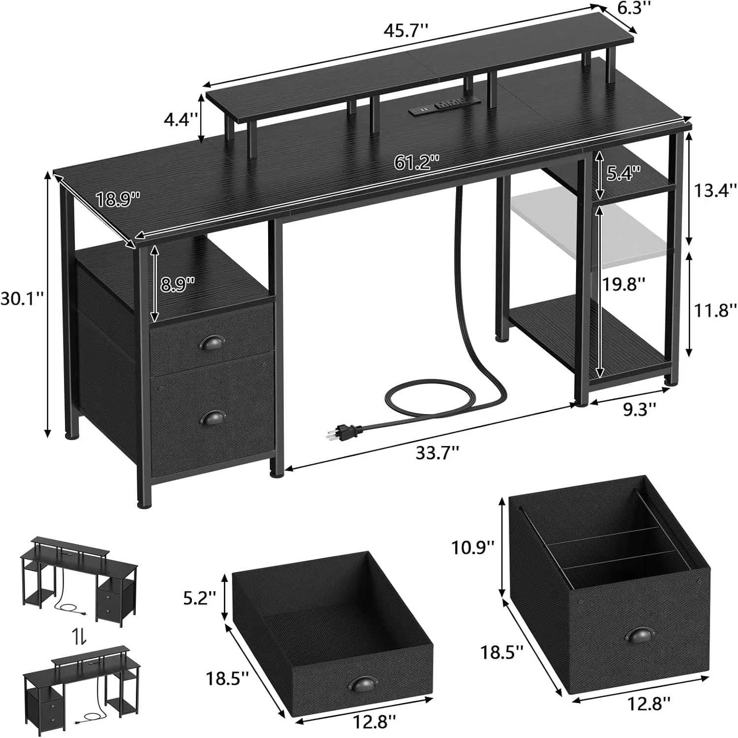 Furologee 61 inch Desk with Power Outlets, Gaming Desk with LED Lights, Computer Table with Fabric Drawer and File Cabinet, Home Office Table with Monitor Stand & Storage Sheves, Black