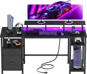Furologee 61 inch Desk with Power Outlets, Gaming Desk with LED Lights, Computer Table with Fabric Drawer and File Cabinet, Home Office Table with Monitor Stand & Storage Sheves, Black