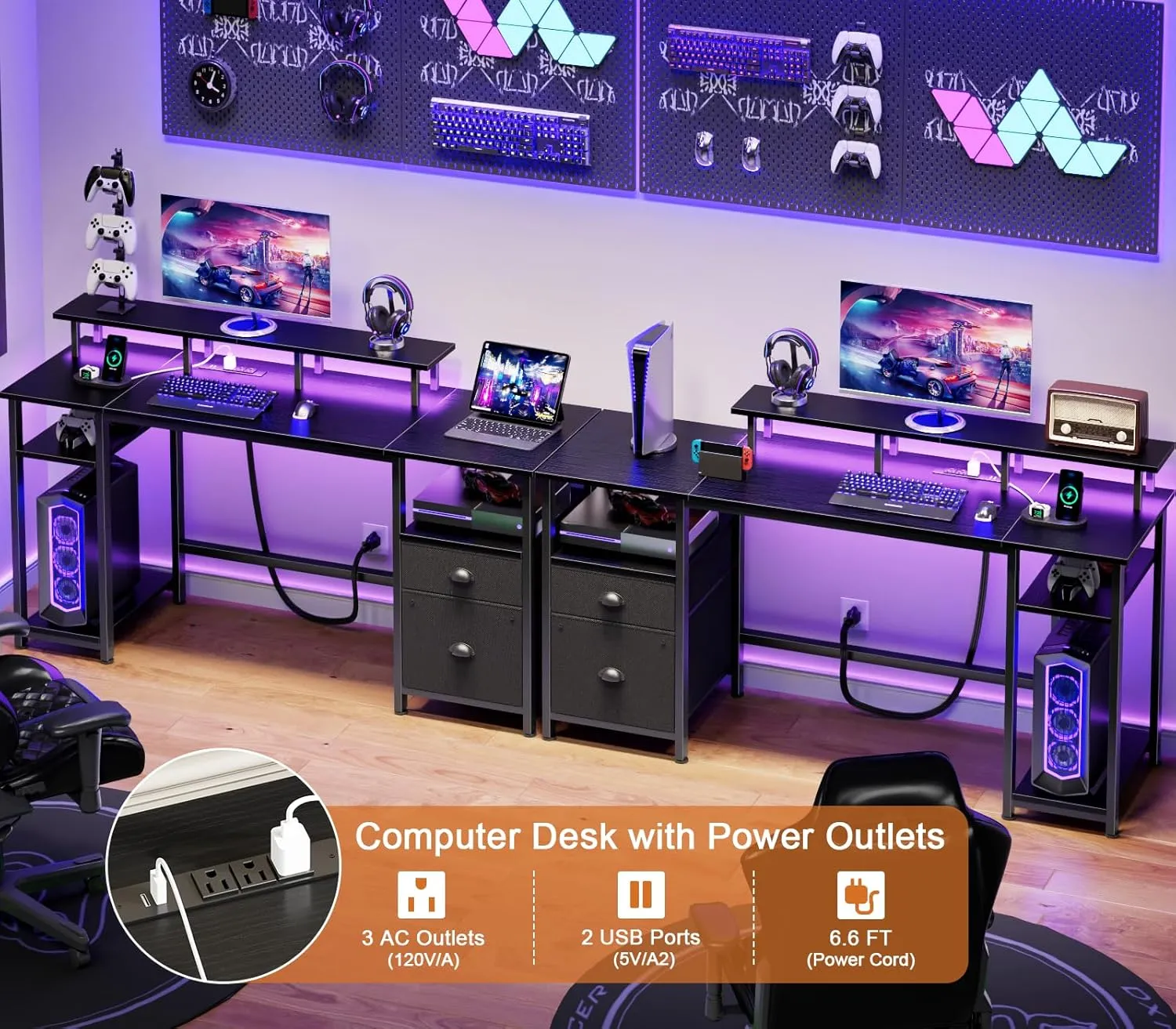 Furologee 61 inch Desk with Power Outlets, Gaming Desk with LED Lights, Computer Table with Fabric Drawer and File Cabinet, Home Office Table with Monitor Stand & Storage Sheves, Black