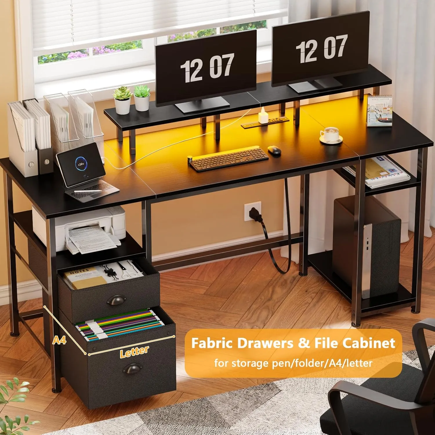 Furologee 61 inch Desk with Power Outlets, Gaming Desk with LED Lights, Computer Table with Fabric Drawer and File Cabinet, Home Office Table with Monitor Stand & Storage Sheves, Black