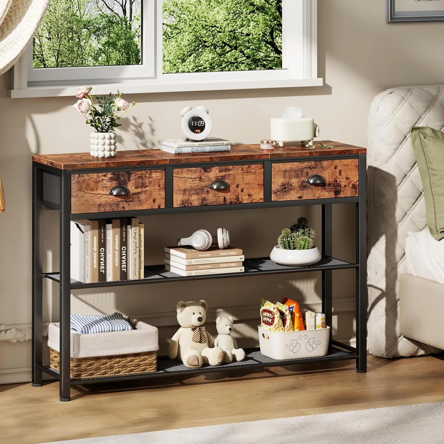 Furologee Entryway Table, 38'' Console Sofa Table with 3 Fabric Drawers, Industrial Entry Way Table with Storage Shelves, Display Shelf for Living Room, Hallway, Entrance, Foyer, Rustic Brown