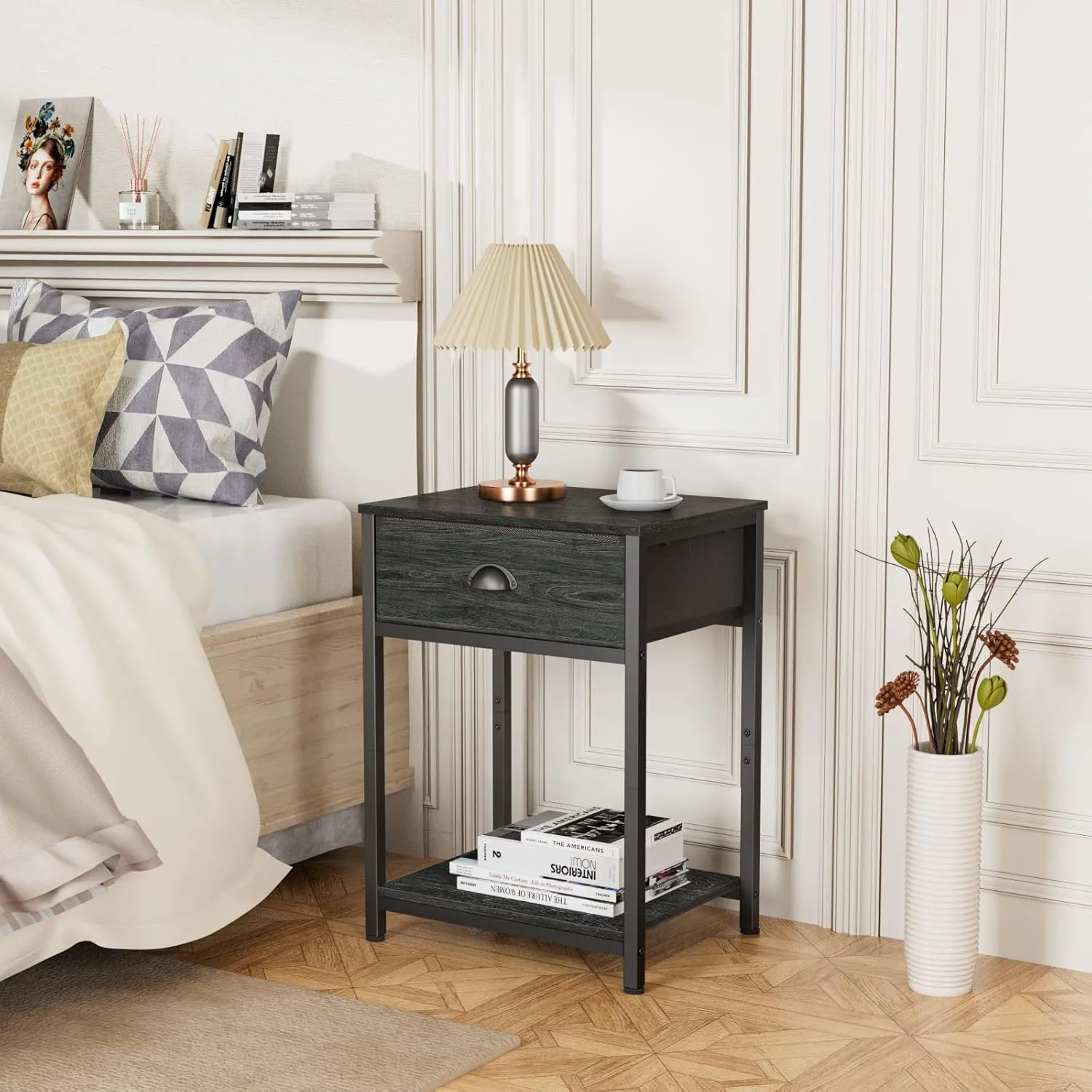 Furologee Nightstand with Fabric Drawer & Storage Shelf, Small Bedside Table Organizer for Small Space, 2 Tiers Industrial End Table, Side Table for Living Room, Bedroom, Black Oak