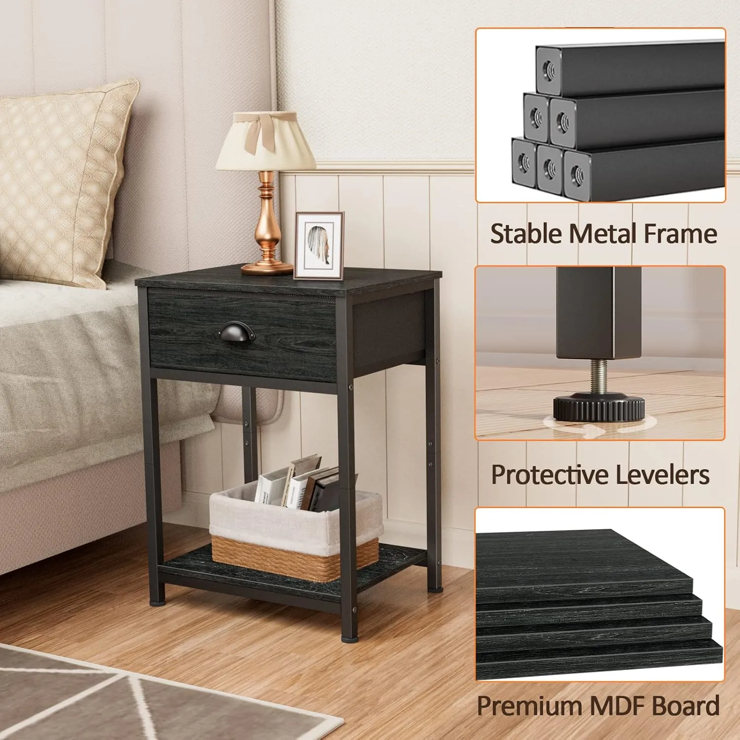 Furologee Nightstand with Fabric Drawer & Storage Shelf, Small Bedside Table Organizer for Small Space, 2 Tiers Industrial End Table, Side Table for Living Room, Bedroom, Black Oak