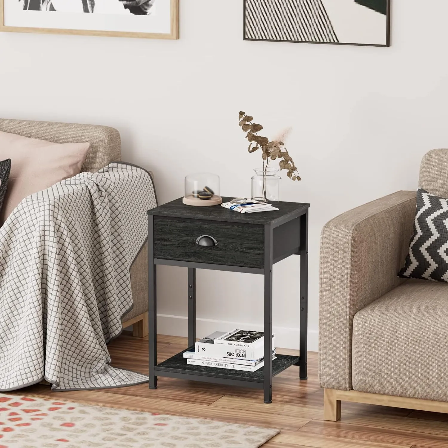 Furologee Nightstand with Fabric Drawer & Storage Shelf, Small Bedside Table Organizer for Small Space, 2 Tiers Industrial End Table, Side Table for Living Room, Bedroom, Black Oak