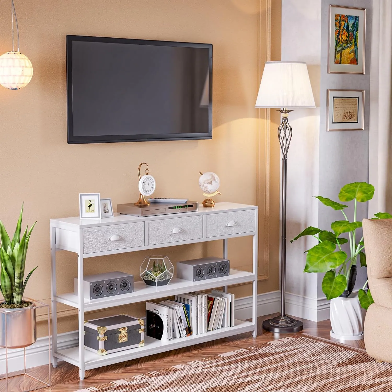 Furologee White Long 47" Console Sofa Table with 3 Drawers, Entryway Table with 3-Tier Storage Shelves, Display Shelf for Entry Way, Hallway, Couch, Living Room, Kitchen, Foyer