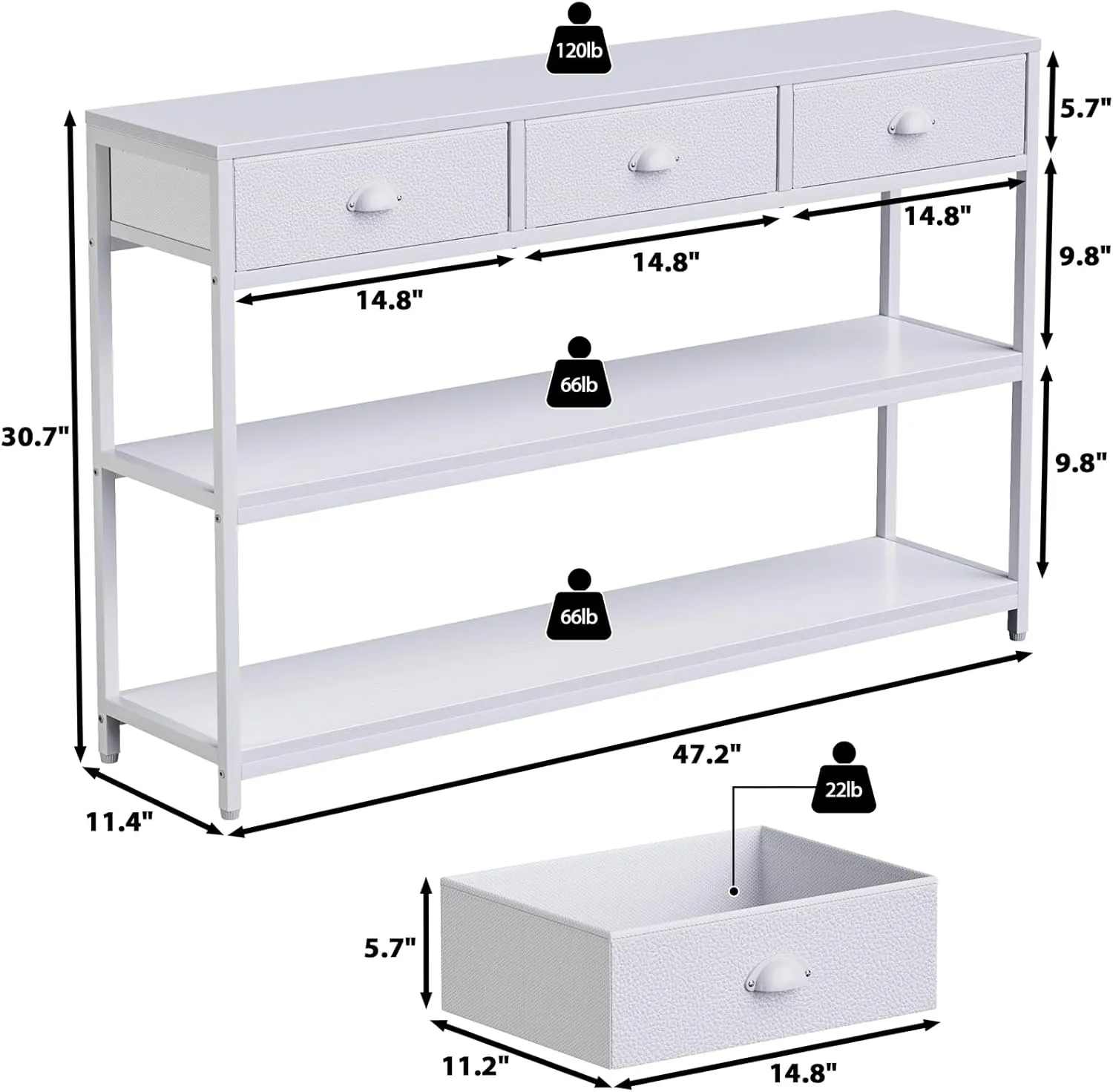 Furologee White Long 47" Console Sofa Table with 3 Drawers, Entryway Table with 3-Tier Storage Shelves, Display Shelf for Entry Way, Hallway, Couch, Living Room, Kitchen, Foyer