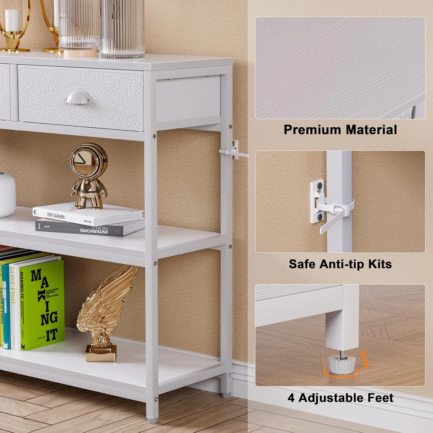 Furologee White Long 47" Console Sofa Table with 3 Drawers, Entryway Table with 3-Tier Storage Shelves, Display Shelf for Entry Way, Hallway, Couch, Living Room, Kitchen, Foyer