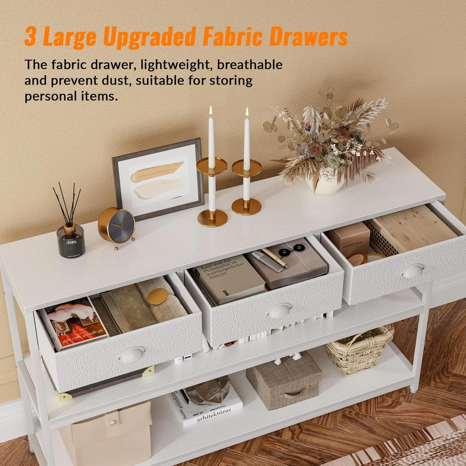 Furologee White Long 47" Console Sofa Table with 3 Drawers, Entryway Table with 3-Tier Storage Shelves, Display Shelf for Entry Way, Hallway, Couch, Living Room, Kitchen, Foyer