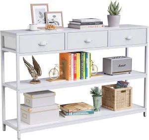 Furologee White Long 47" Console Sofa Table with 3 Drawers, Entryway Table with 3-Tier Storage Shelves, Display Shelf for Entry Way, Hallway, Couch, Living Room, Kitchen, Foyer