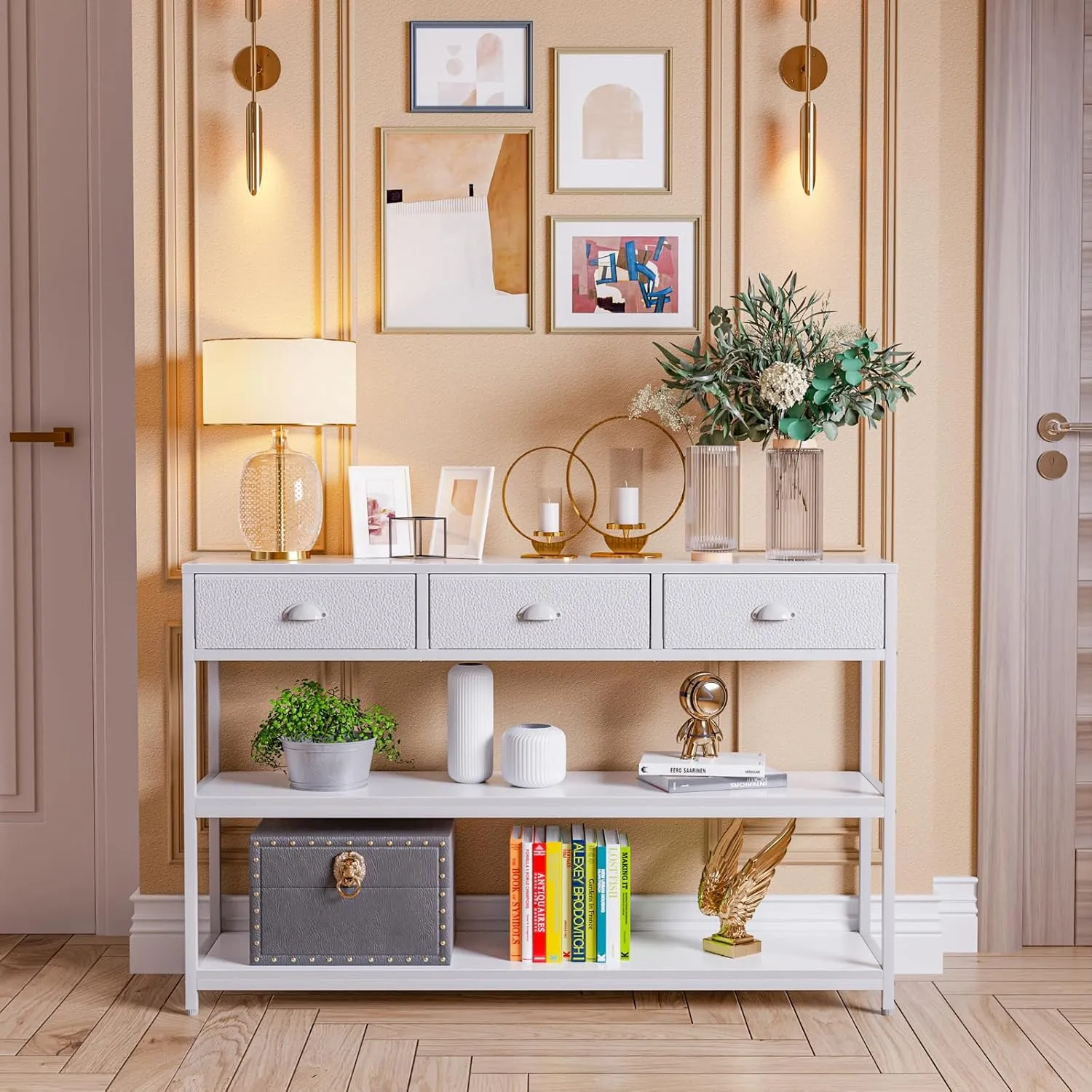 Furologee White Long 47" Console Sofa Table with 3 Drawers, Entryway Table with 3-Tier Storage Shelves, Display Shelf for Entry Way, Hallway, Couch, Living Room, Kitchen, Foyer