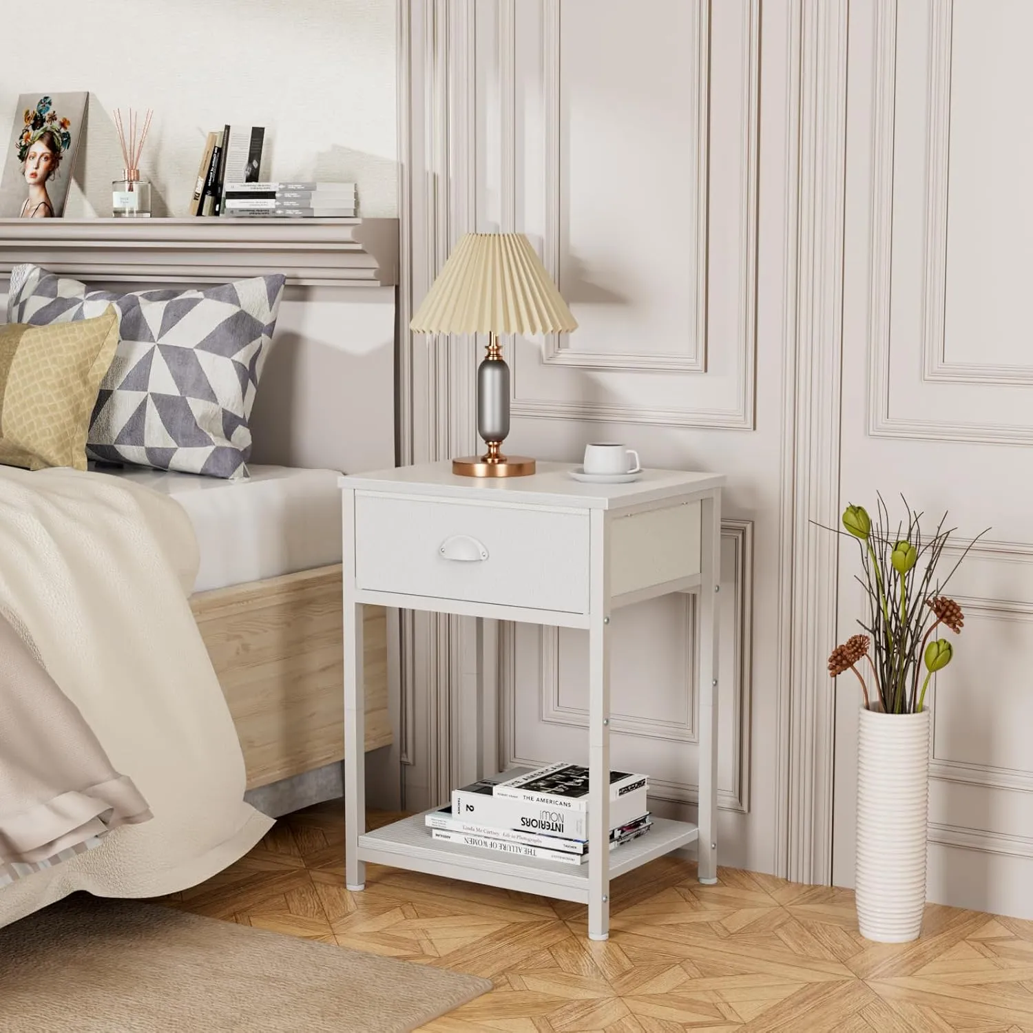 Furologee White Nightstand with Fabric Drawer, Small Side Table for Small Spaces, 2 Tiers Storage Shelves End Table, Night Stand for Living Room, Bedroom, Dorm