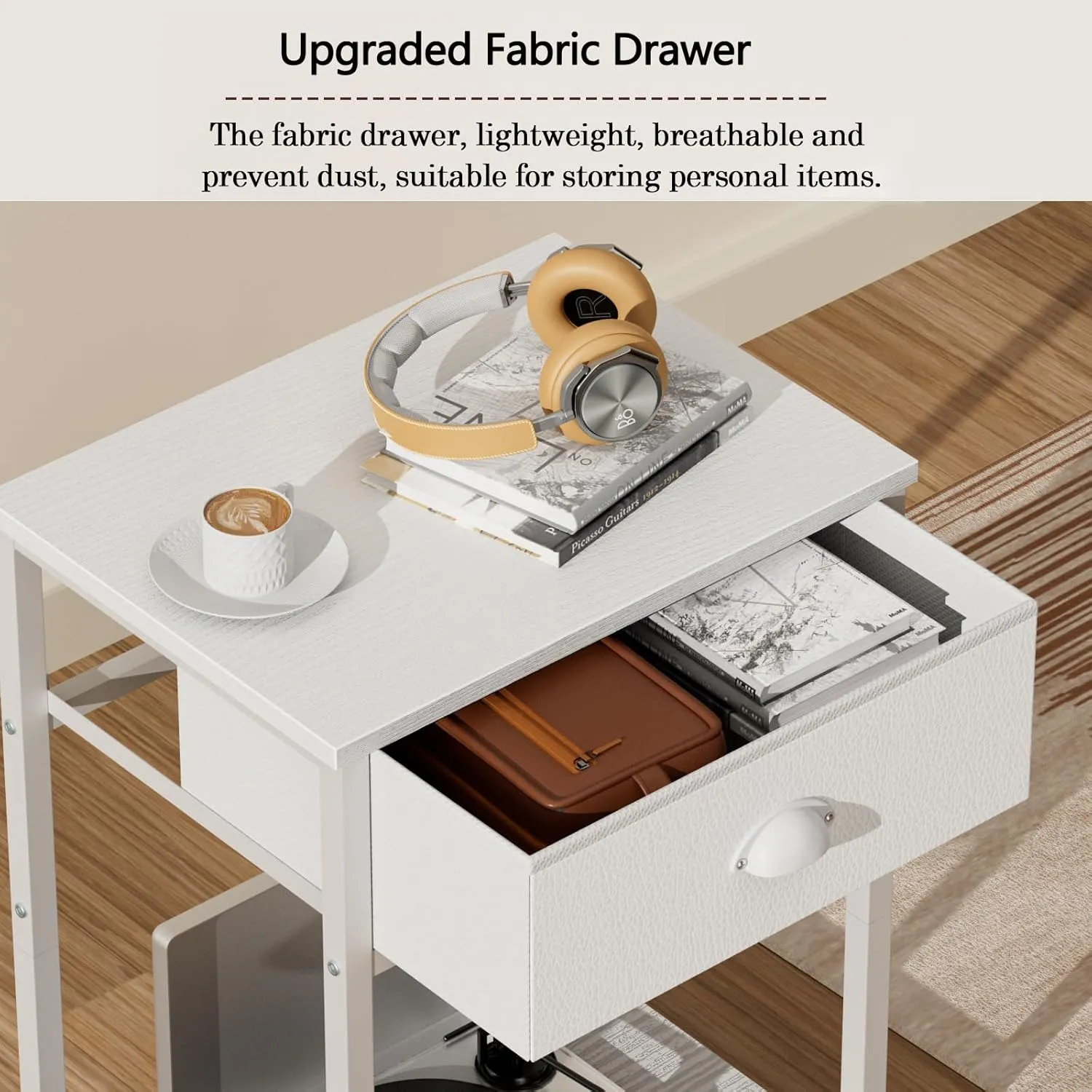 Furologee White Nightstand with Fabric Drawer, Small Side Table for Small Spaces, 2 Tiers Storage Shelves End Table, Night Stand for Living Room, Bedroom, Dorm