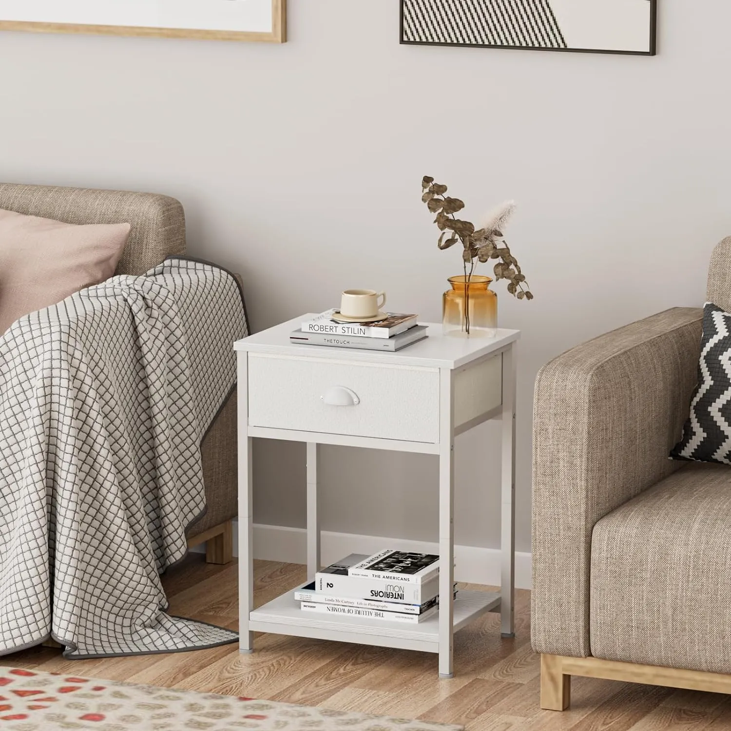 Furologee White Nightstand with Fabric Drawer, Small Side Table for Small Spaces, 2 Tiers Storage Shelves End Table, Night Stand for Living Room, Bedroom, Dorm