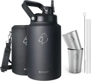Gallon Water Bottle with Straw Lid, BUZIO 128oz Insulated Water Jug Stainless Steel with 2 Beer Cups and Carrying Sleeve, Hot Cold Hydro Metal Canteen Water Flask, Double Wall, Black