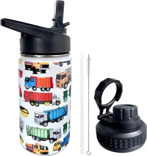 Garbage Trucks Kids Water Bottle for School with Straw Lid,12oz Stainless Steel Insulated Water Bottle for Boys & Girls,Leak Proof Lid with Handle & Touch Free Spout (A02)