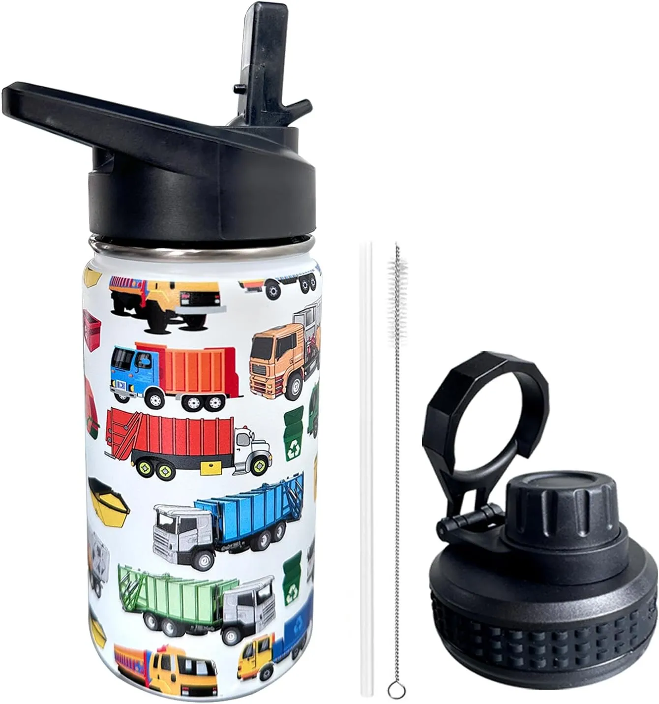 Garbage Trucks Kids Water Bottle for School with Straw Lid,12oz Stainless Steel Insulated Water Bottle for Boys & Girls,Leak Proof Lid with Handle & Touch Free Spout (A02)