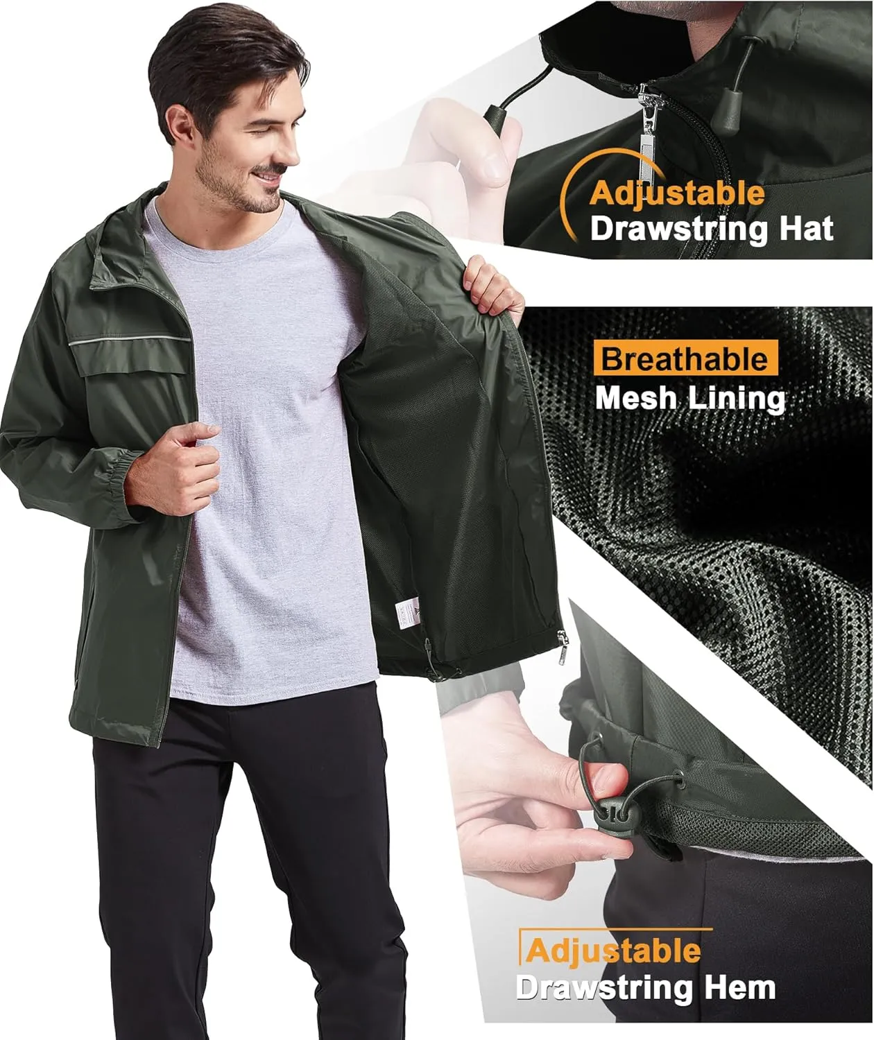 GEEK LIGHTING Mens Waterproof Hooded Rain Jacket Lightweight Raincoat for Outdoor Hiking Running Travel