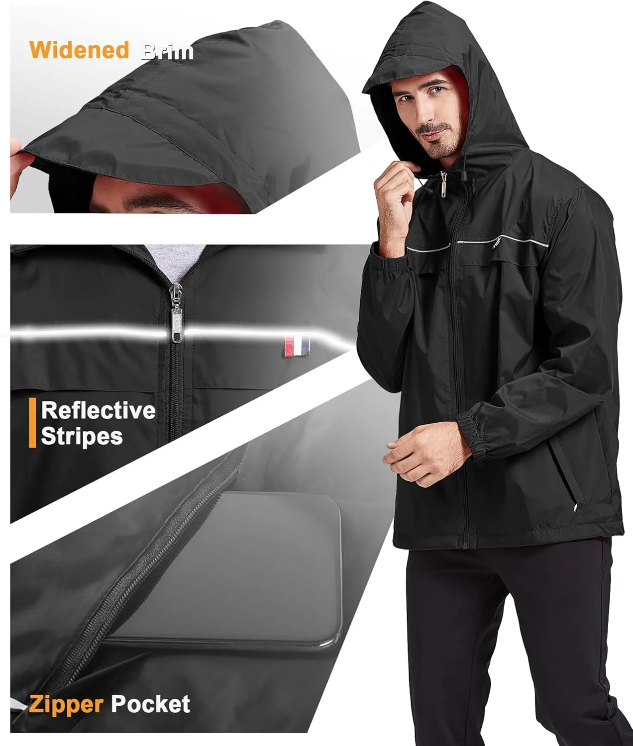 GEEK LIGHTING Mens Waterproof Hooded Rain Jacket Lightweight Raincoat for Outdoor Hiking Running Travel