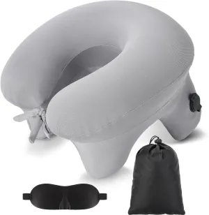 Geelin Inflatable Travel Pillow for Airplane Lightweight Table Inflatable Neck Supports Head and Chin with Compact Bag and Blindfold U Shaped Pillow for Traveling, Train, Car, Office Table(Grey)