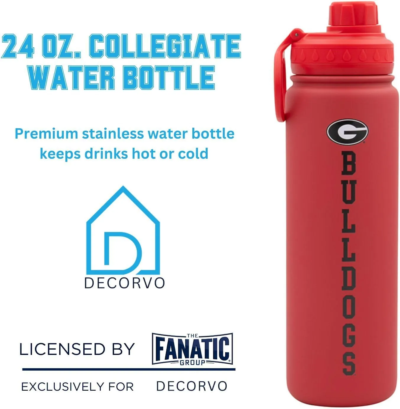 Georgia Water Bottle - Red Double Walled Stainless Steel 24 oz Keeps Drinks Cold or Hot