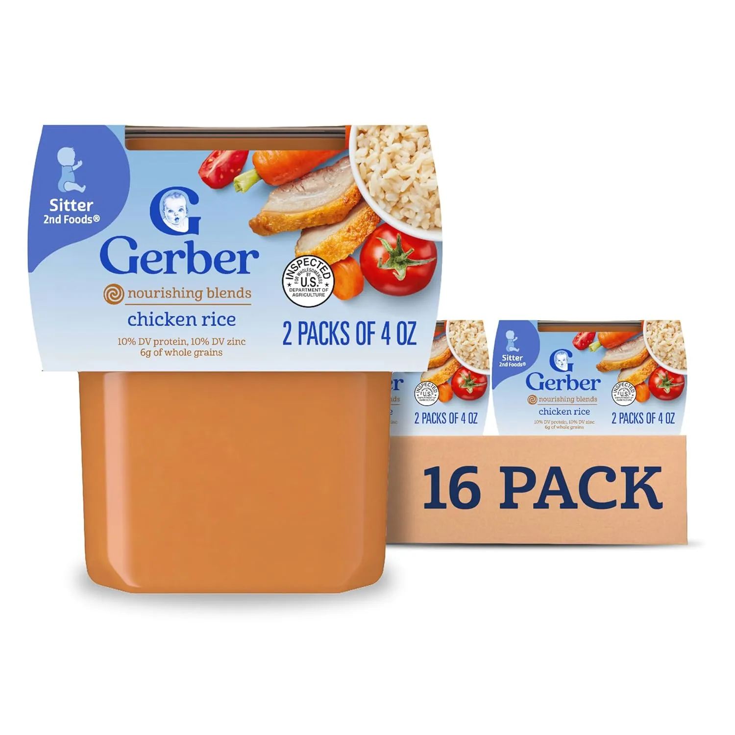 Gerber Baby Food 2nd Foods, Dinner, Chicken & Rice Puree, 4 Ounce Tubs, 2 Count (Pack of 8)