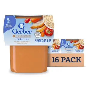 Gerber Baby Food 2nd Foods, Dinner, Chicken & Rice Puree, 4 Ounce Tubs, 2 Count (Pack of 8)