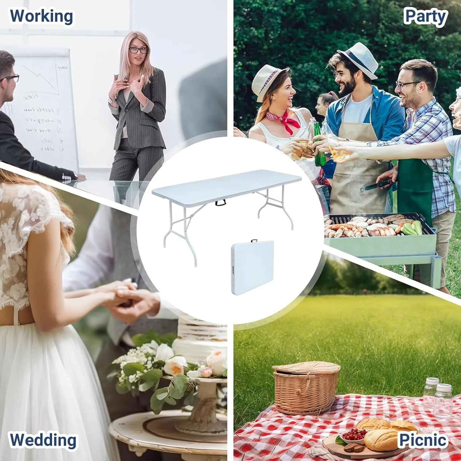 GeRRiT Plastic Folding Tables Outdoor Camping Table, Portable Long Foldable Table with Carrying Handle, Fold-in-Half Picnic Table Rectangular for Wedding Camping Dining Party