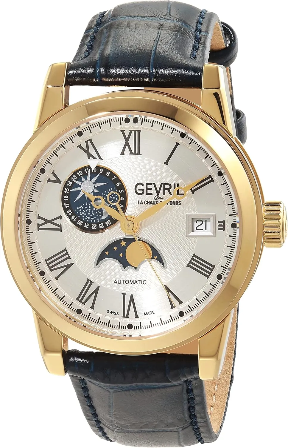 Gevril Men's Madison Swiss Automatic Date and Moon Phase Watch, Genuine Leather Strap