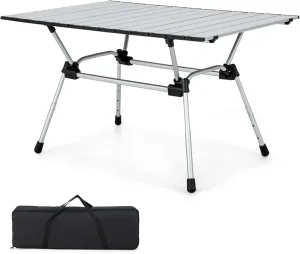Giantex Folding Camping Table, Heavy-Duty Outdoor Folding Table w/Carry Bag, Roll-up Tabletop, 4-Level Adjustable Height, Lightweight & Portable Aluminum Camp Table for Picnic, Travel, BBQ (Silver)