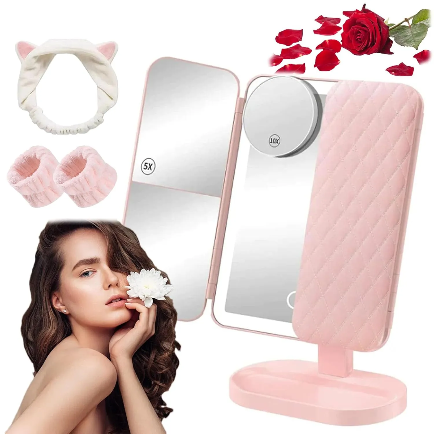 Glisera Smart Mirror, Glisera Smart Makeup Mirror 2x 3x 10x Touch Screen Dimming, Makeup Mirror With Lights, Led Trifold Makeup Mirror Magnification, 180 ° Rotation Lighted Makeup Mirror (Pink)