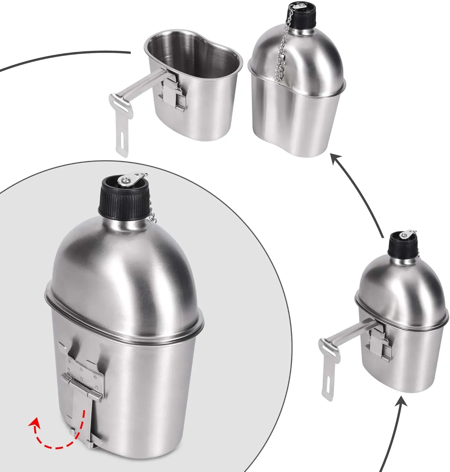 Goetland Stainless Steel WWII US Army Canteen Water Bottle Military Canteen Kit 1QT with 0.5QT Cup Nylon Pouch G.I.