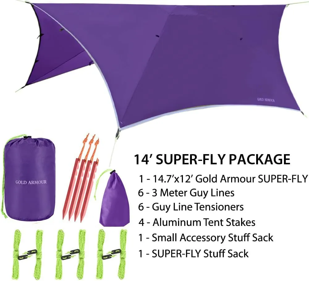 Gold Armour Rainfly Tarp for Hammock and Tent, Waterproof Lightweight Camping Accessories, Survival Gear, Purple