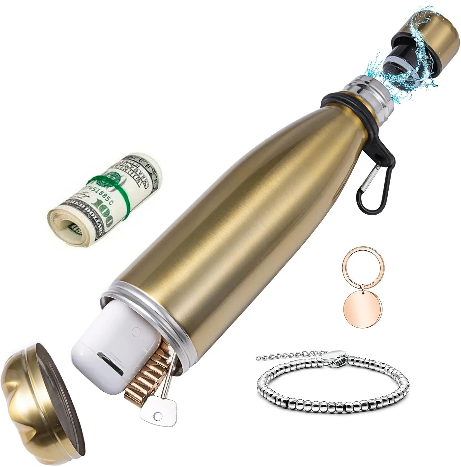Golden Water Bottle All Stainless Steel Diversion Safes Made with Hidden Compartment for Cards, Keys, Cash and Valuables Free Hook and Smell Proof Bag