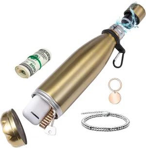 Golden Water Bottle All Stainless Steel Diversion Safes Made with Hidden Compartment for Cards, Keys, Cash and Valuables Free Hook and Smell Proof Bag
