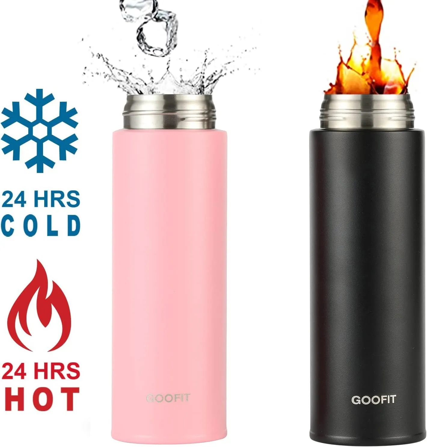 GOOFIT Water Bottle Double Wall Vacuum Insulated Thermos Beverage Coffee Bottle Stainless Steel Travel Mug Thermos Flask BPA Free Keeps Cold 24H Hot 24H 16 Oz Pink