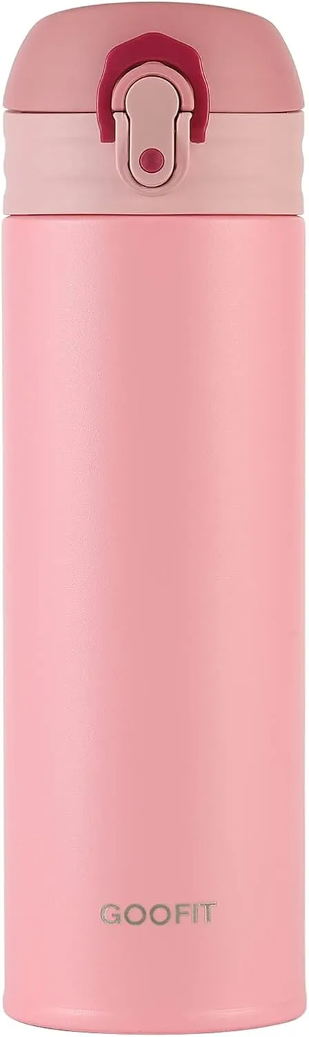 GOOFIT Water Bottle Double Wall Vacuum Insulated Thermos Beverage Coffee Bottle Stainless Steel Travel Mug Thermos Flask BPA Free Keeps Cold 24H Hot 24H 16 Oz Pink