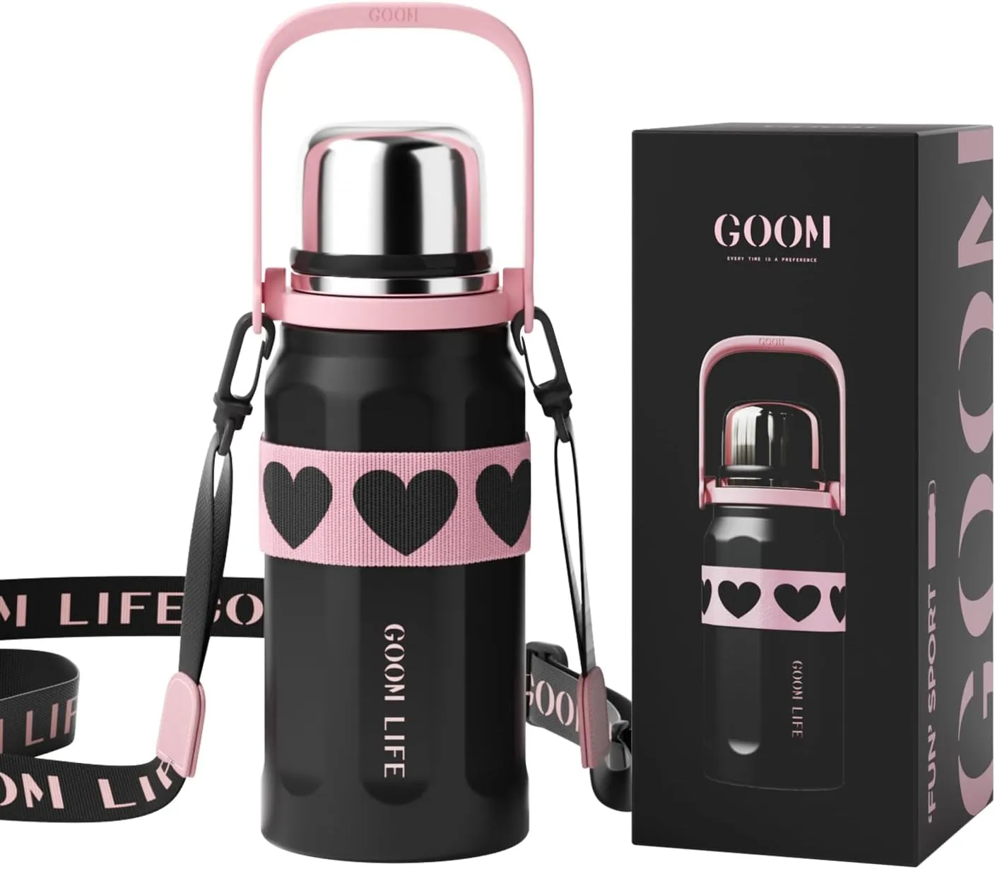 GOOM The Grip 32 oz Water Bottles for Hot and Cold Drinks,18/10 Stainless Steel Insulated Water Bottle with Lid, Carrying Strap,Strainer,7-Layer Insulation,Wide Mouth - Black, Pink