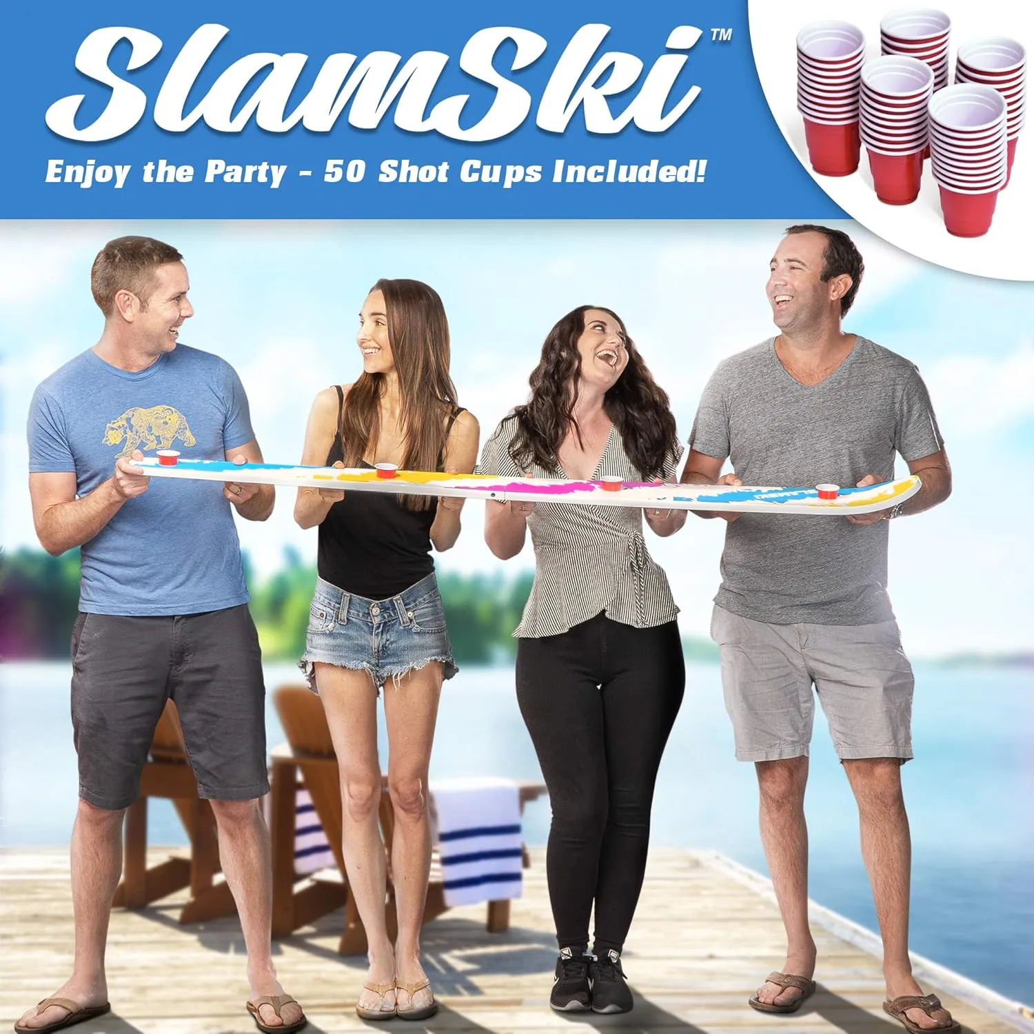 GoPong Slamski - Retro and Vintage Wood Designs - 4 Person Drinking Ski with 50 Plastic Shot Glasses
