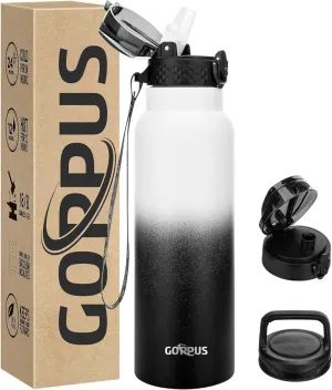 GOPPUS 24 oz Insulated Water Bottle With Straw Stainless Steel Sports Water Cup Flask with 3 Lids (Straw, Spout and Handle Lid) Wide Mouth Metal Water bottles for Men Women (White Black)