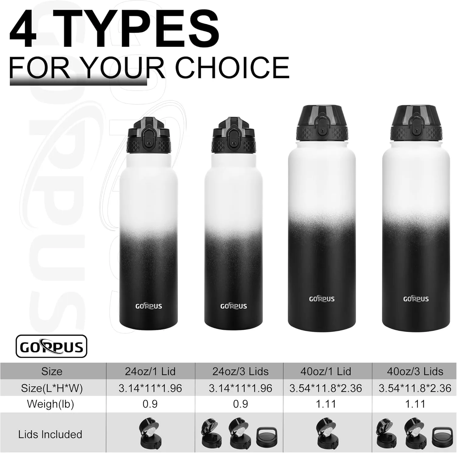 GOPPUS 24 oz Insulated Water Bottle With Straw Stainless Steel Sports Water Cup Flask with 3 Lids (Straw, Spout and Handle Lid) Wide Mouth Metal Water bottles for Men Women (White Black)