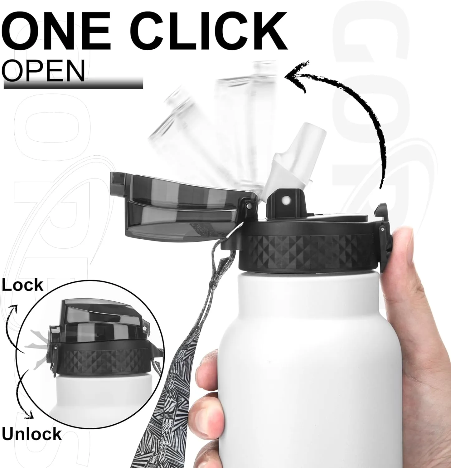 GOPPUS 24 oz Insulated Water Bottle With Straw Stainless Steel Sports Water Cup Flask with 3 Lids (Straw, Spout and Handle Lid) Wide Mouth Metal Water bottles for Men Women (White Black)