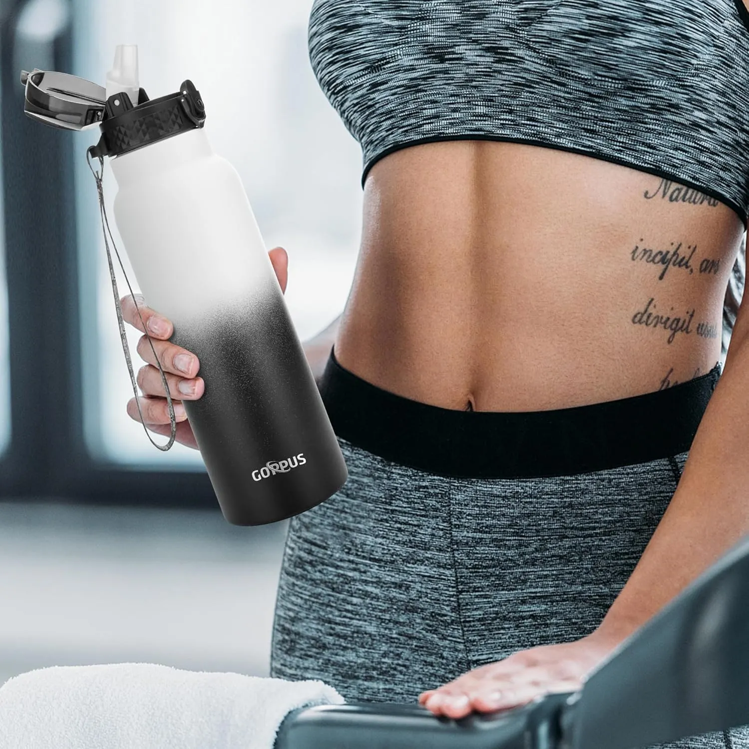 GOPPUS 24 oz Insulated Water Bottle With Straw Stainless Steel Sports Water Cup Flask with 3 Lids (Straw, Spout and Handle Lid) Wide Mouth Metal Water bottles for Men Women (White Black)