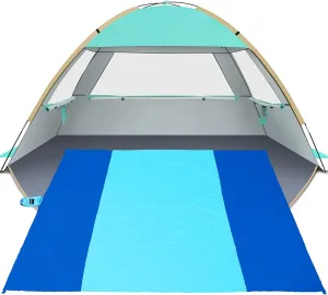Gorich Beach Tent Sun Shelter with UV UPF50  Protection for 8-10 People and Extra-Large Sandproof Waterproof Beach Blanket, Perfect for Camping, Travel, and Hiking (SkyRoyal, 79"x110")
