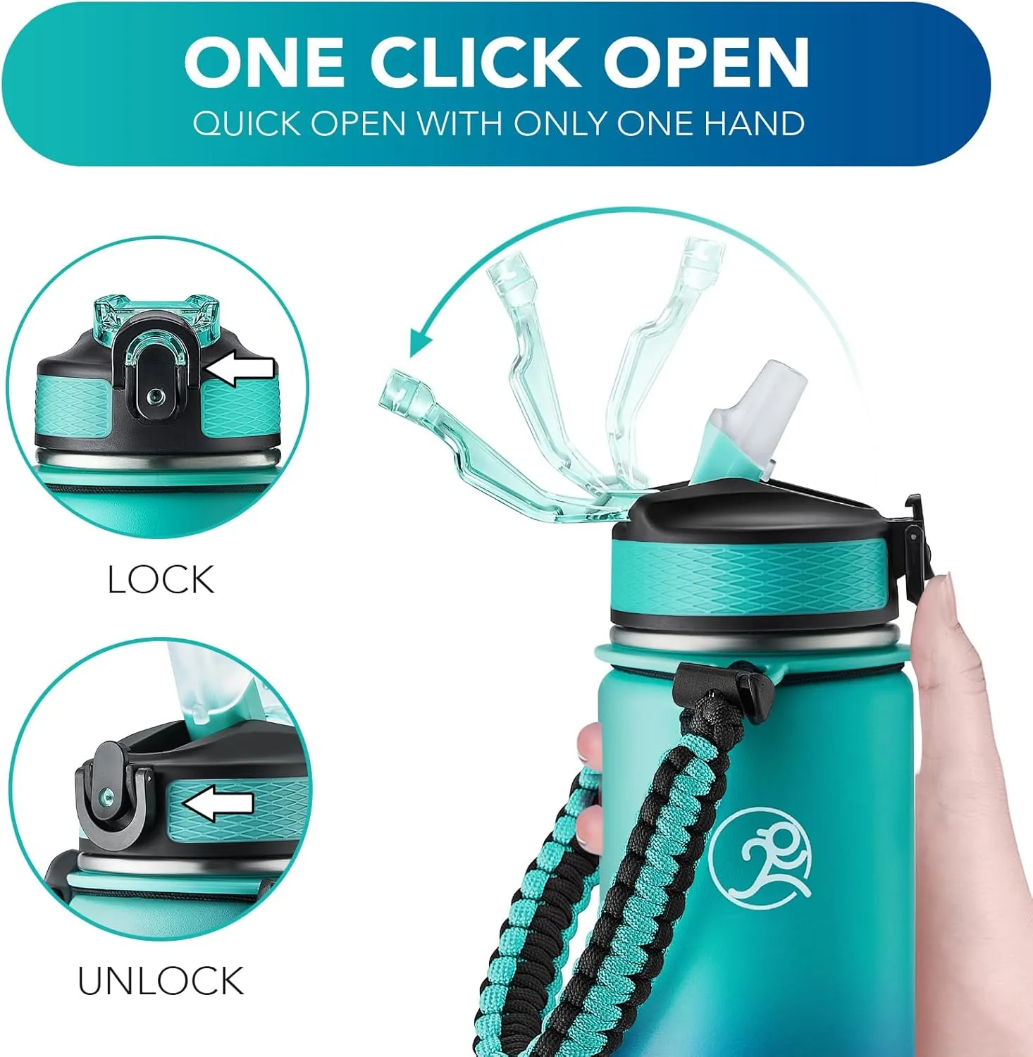 GOSWAG Insulated Sports Water Bottle, 24oz 2 Lids(with Straw/No Straw), Stainless Steel Water Bottles with Paracord Handle, Insulated Thermos with Double-Wall Vacuum Insulation
