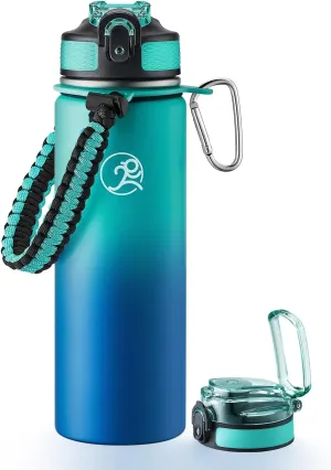 GOSWAG Insulated Sports Water Bottle, 24oz 2 Lids(with Straw/No Straw), Stainless Steel Water Bottles with Paracord Handle, Insulated Thermos with Double-Wall Vacuum Insulation